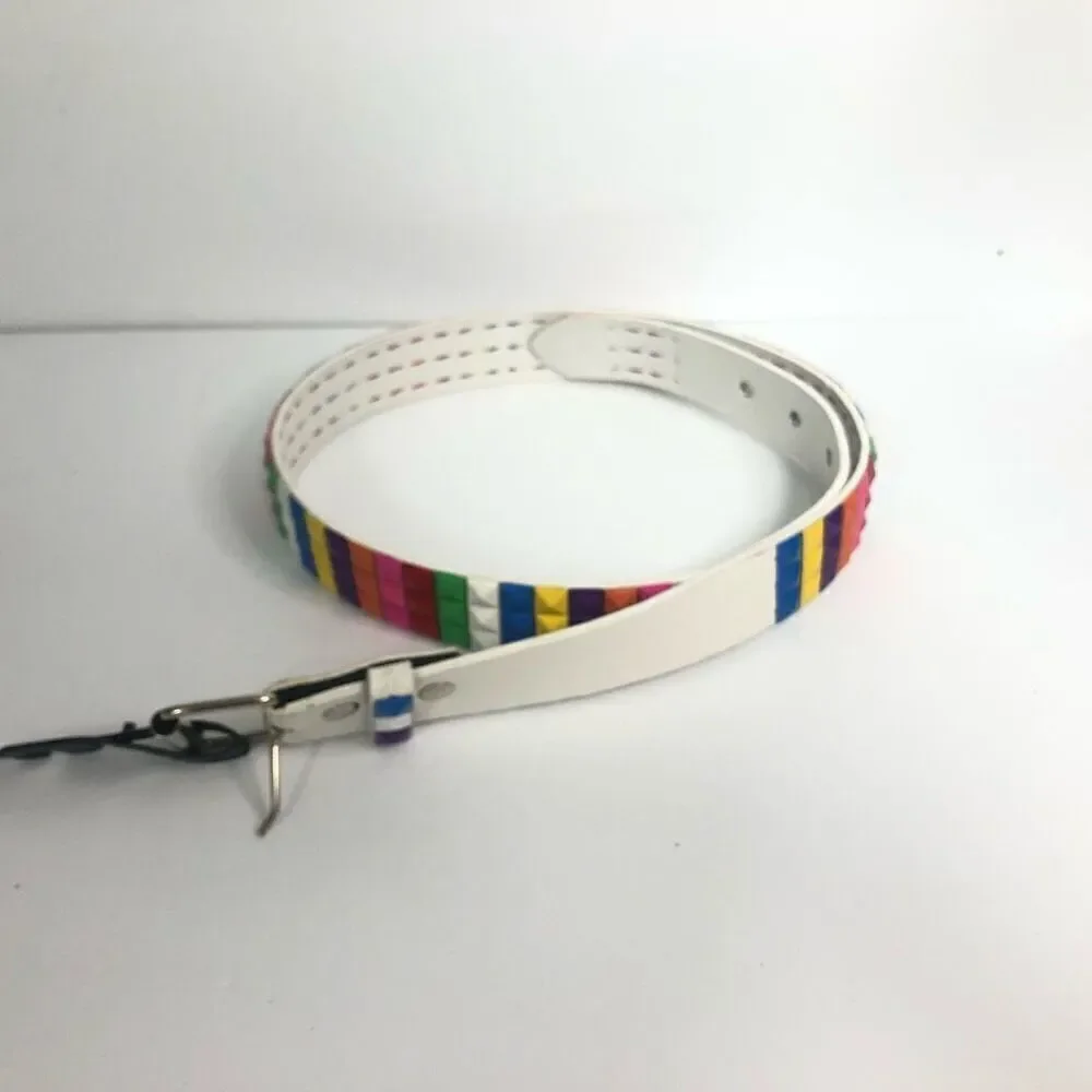 studded 3 row rainbow white leather belt emo pride lgbt size large kid‎ core